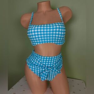 AERIE RETRO GINGHAM TEAL BLUE PRINT FRONT-TIE BIKINI SWIM STRETCH SET SIZE LARGE